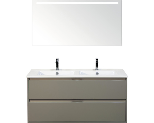 Set de meubles de salle de bains Sanox Porto lxhxp 121 x 170 x 51 cm couleur de façade cubanit grey avec vasque céramique blanc et vasque double céramique miroir avec éclairage LED meuble sous vasque
