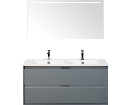 Badmöbel-Set Sanox Porto BxHxT 121 x 170 x 51 cm Frontfarbe eisgrün mit Waschtisch Keramik weiß und Keramik-Doppelwaschtisch Spiegel mit LED-Beleuchtung Waschtischunterschrank