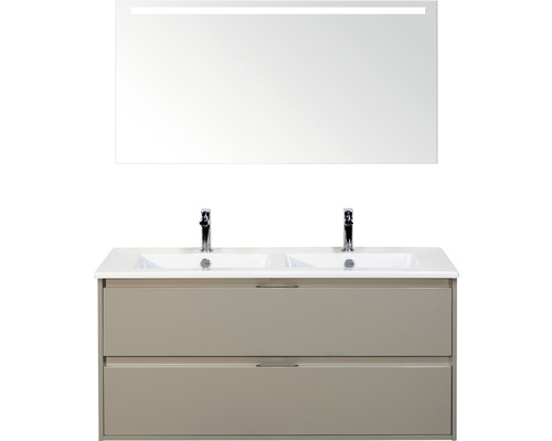 Set de meubles de salle de bains Sanox Porto lxhxp 121 x 170 x 51 cm couleur de façade gris silex avec vasque céramique blanc et vasque double céramique miroir avec éclairage LED meuble sous vasque