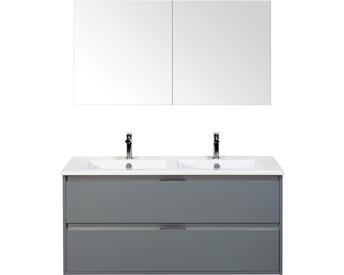 Badmöbelset 3-teilig Doppelbadmöbel Sanox Porto BxHxT 121 x 170 x 51 cm Frontfarbe eisgrün mit Waschtisch Keramik weiß Griff chrom matt 84730251 Waschtischunterschrank mit zwei Waschbecken, zwei Schubladen und Spiegelschrank