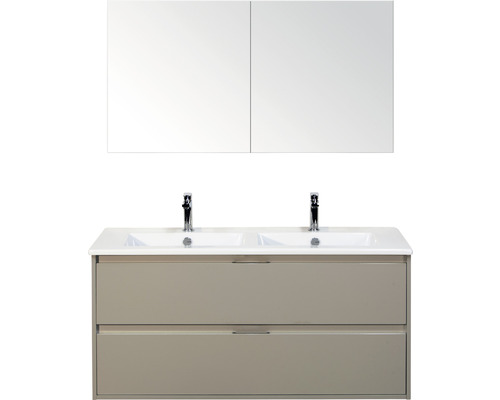Badmöbelset 3-teilig Doppelbadmöbel Sanox Porto BxHxT 121 x 170 x 51 cm Frontfarbe kieselgrau mit Waschtisch Keramik weiß Griff chrom matt 84730252 Waschtisch mit zwei Waschbecken, Unterschrank und Spiegelschrank