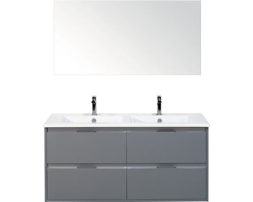 Badmöbel-Set Sanox Porto BxHxT 121 x 170 x 51 cm Frontfarbe eisgrün mit Waschtisch Keramik weiß und Keramik-Doppelwaschtisch Spiegel Waschtischunterschrank