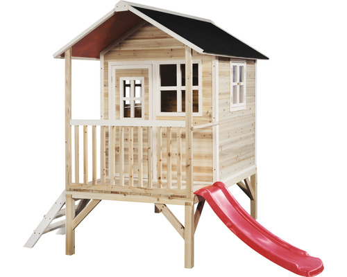 Cabane sur pilotis EXIT Loft 300 en bois avec toboggan, naturel Cabane de jeu en bois avec toboggan et échelle