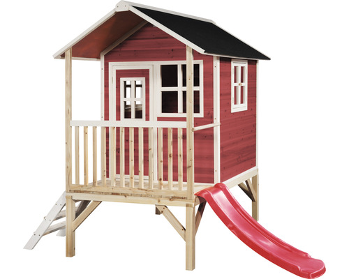 Cabane sur pilotis EXIT Loft 300 en bois avec toboggan, rouge Cabane de jeu en bois avec toboggan et échelle pour le jardin