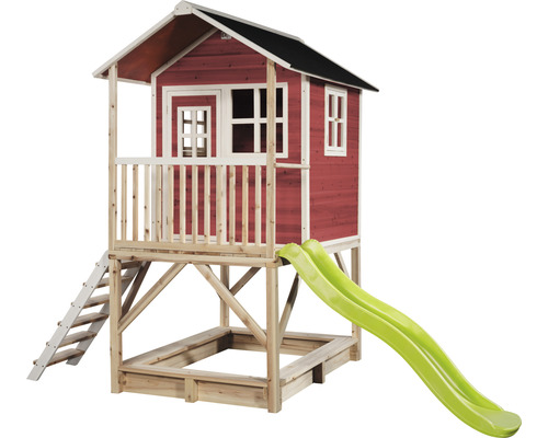 Stelzenhaus EXIT Loft 500 Holz mit Sandkasten, Rutsche rot Spielhaus mit Rutsche und Sandkasten für Kinder