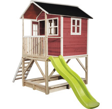 Cabane de jeux en bois avec toboggan, échelle et bac à sable