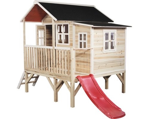 Maisonnette en bois avec toboggan et véranda couverte