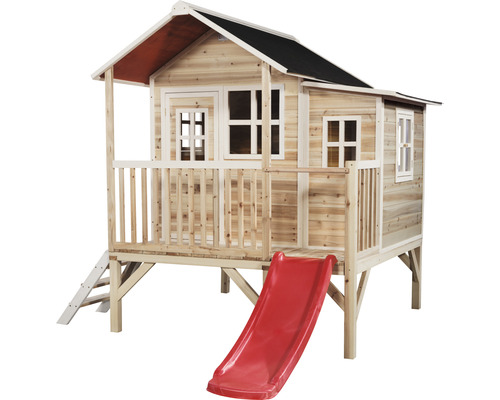 Cabane de jeu en bois avec toboggan et échelle