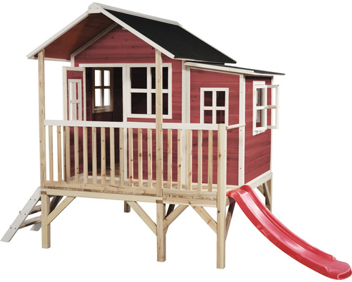 Cabane de jeu en bois avec toboggan et terrasse couverte