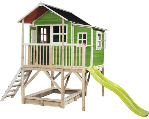Maisonnette avec toboggan et bac à sable en bois