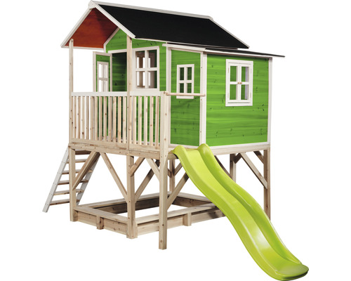 Cabane de jeux en bois avec toboggan et bac à sable