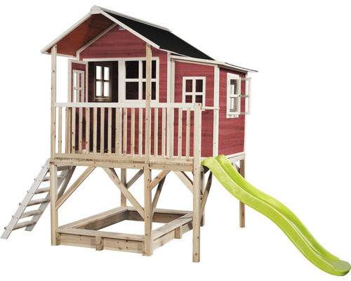 Cabane de jeux avec toboggan et bac à sable en bois