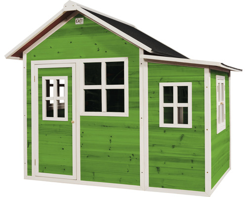 Maisonnette en bois verte avec porte et fenêtres