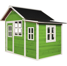 Maisonnette verte pour enfants avec toit noir, porte et fenêtres