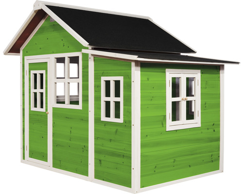 Maisonnette verte pour enfants avec toit noir, porte et fenêtres