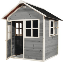 Maison de jeux en bois grise avec porte et fenêtres