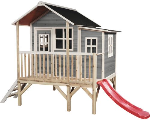 Cabane en bois, cabane de jeux, cabane de jeux pour enfants EXIT Loft 350 gris Maisonnette en bois avec toboggan et échelle