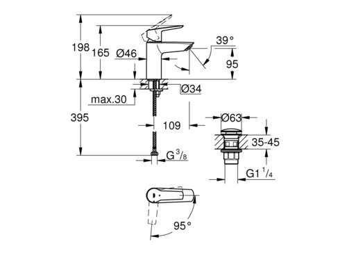 Technische Zeichnung einer Armatur mit Maßangaben