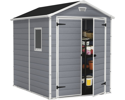 Abri de jardin gris avec portes doubles ouvertes et fenêtre