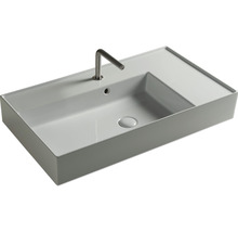 Rechteckiges Waschbecken aus Keramik mit Armatur