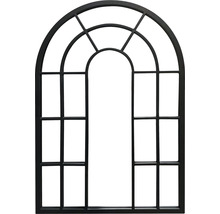 Schwarzer Fensterrahmen in Bogenform mit mehreren Glasscheiben