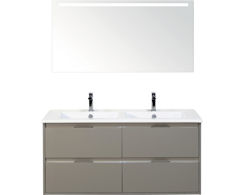 Set meubles sdb 3 pièces Meuble de salle de bains double Sanox Porto lxhxp 121 x 170 x 51 cm couleur de façade cubanit grey avec vasque céramique blanc et vasque double en céramique miroir avec éclairage LED meuble sous-vasque poignée chrome mat 84731350