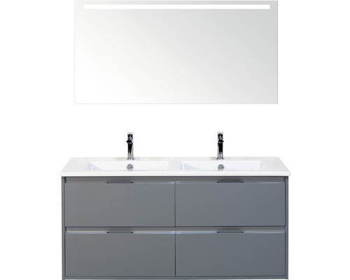 Badmöbelset 3-teilig Doppelbadmöbel Sanox Porto BxHxT 121 x 170 x 51 cm Frontfarbe eisgrün mit Waschtisch Keramik weiß und Keramik-Doppelwaschtisch Spiegel mit LED-Beleuchtung Waschtischunterschrank Griff chrom matt 84731351 Badezimmermöbel-Set mit Doppelwaschtisch, Unterschrank mit Schubladen und beleuchtetem Spiegel