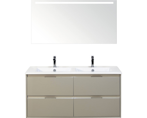 Set de meubles de salle de bains Sanox Porto lxhxp 121 x 170 x 51 cm couleur de façade gris silex avec vasque céramique blanc et vasque double céramique miroir avec éclairage LED meuble sous vasque