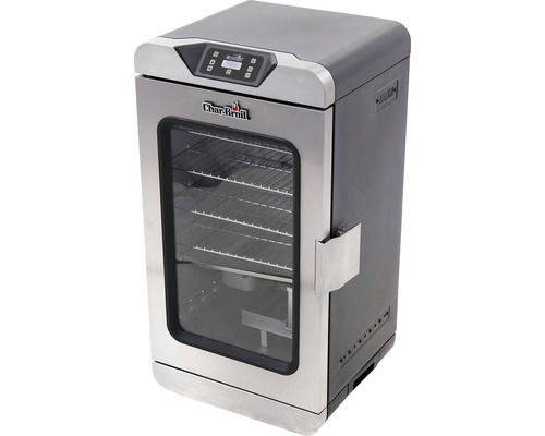 Fumoir électrique avec porte en verre et panneau de commande.