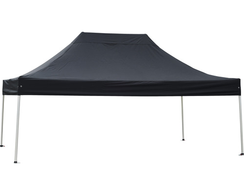 Tente pliante avec toit noir et structure argentée
