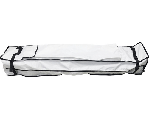 Weiße Dachbox-Schutzhülle mit schwarzen Gurten