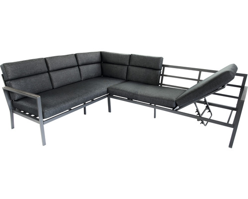 Salon de jardin avec dossier réglable et coussins.