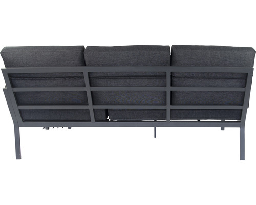 Vue arrière d''un canapé d''extérieur avec revêtement en tissu gris et structure métallique.
