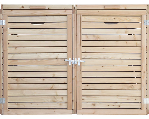 Doppelte Mülltonnenbox aus Holz mit horizontaler Lattenstruktur