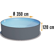 Rondes Schwammbecken mat den Dimensiounen 350 cm Duerchmiesser an 120 cm Héicht.