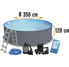 Ensemble de piscine hors sol à paroi en acier Planet Pool ronde Ø 350x120 cm avec groupe de filtration à sable, échelle, skimmer intégré, sable de filtration et flexible de raccordement gris-thumb-0