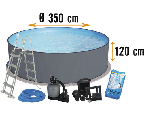 Ensemble de piscine hors sol à paroi en acier Planet Pool ronde Ø 350x120 cm avec groupe de filtration à sable, échelle, skimmer intégré, sable de filtration et flexible de raccordement gris