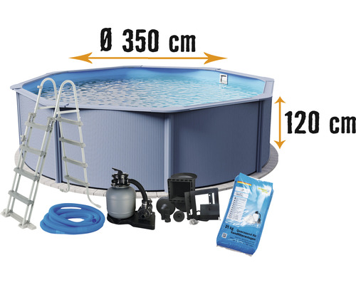 Ensemble de piscine hors sol à paroi en acier Planet Pool ronde Ø 350x120 cm avec groupe de filtration à sable, skimmer intégré, échelle, sable de filtration et flexible de raccordement anthracite
