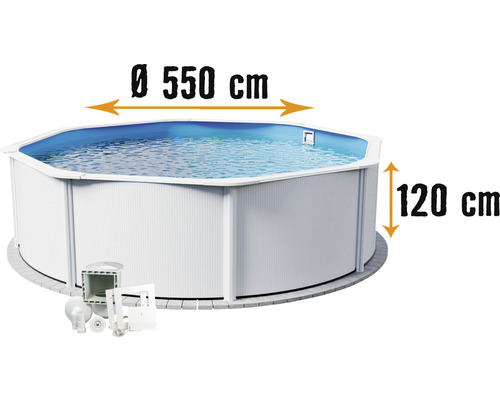 Kit de piscine hors sol à paroi en acier Planet Pool Vision-Pool Classic Solo ronde Ø 550x120 cm avec skimmer intégré blanc