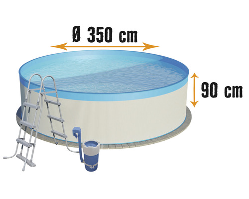 Ensemble de piscine hors sol à paroi en acier Planet Pool ronde Ø 350x90 cm avec épurateur à cartouche et échelle blanc avec film de recouvrement bleu