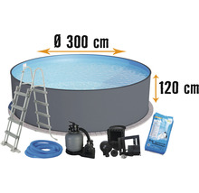 Kit de piscine ronde avec échelle, système de filtration à sable et accessoires, diamètre 300 cm, hauteur 120 cm