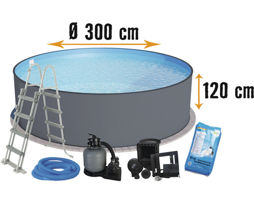 Kit de piscine ronde avec échelle, système de filtration à sable et accessoires, diamètre 300 cm, hauteur 120 cm