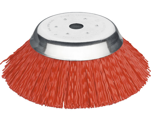 Brosse conique/brosse à désherber Lessmann Ø 180 PP rouge ondulé, 1,6mm, perçage 25,4 mm pour débroussailleuses à arbre droit