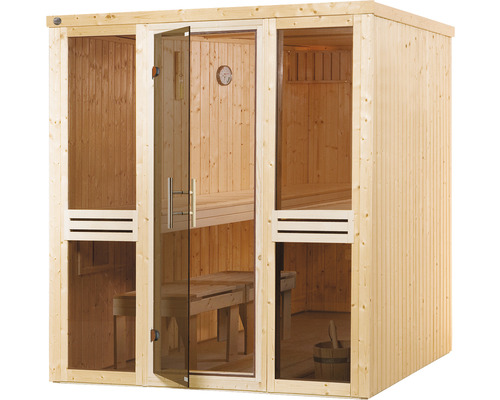 Sauna en bois avec porte en verre et bancs