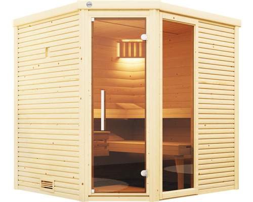 Sauna en bois avec porte en verre et bancs