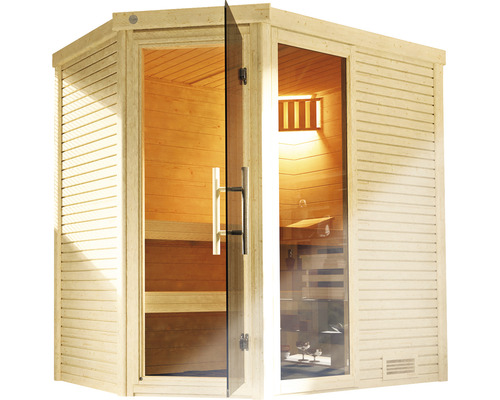 Sauna en bois massif Weka Cubilis d'angle taille 1 sans poêle, avec fenêtre et porte entièrement vitrée couleur graphite