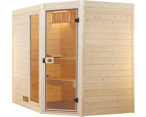 Sauna aus Holz mit Glastür und Innenbeleuchtung