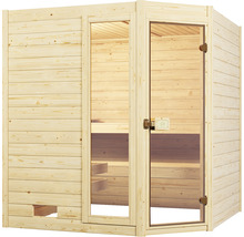 Massivholzsauna Weka Valida Eck GTF Gr.2 inkl.9 kW Ofen u.integr.Steuerung mit Fenster und Ganzglastüre aus Klarglas