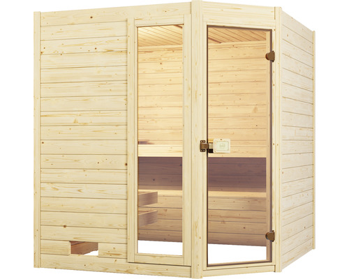 Sauna en bois avec porte vitrée et élément de fenêtre