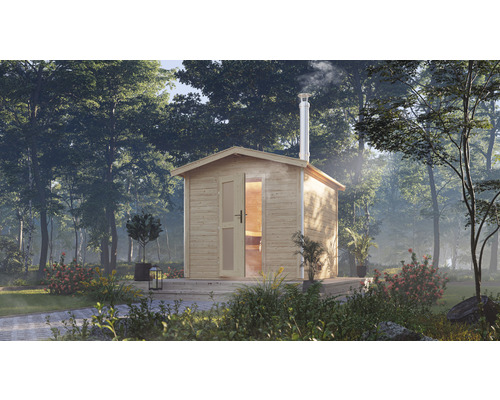 Chalet sauna à économie d'énergie Karibu Nosse 1 avec poêle à bois de sauna avec vestibule et porte en bois et verre opale